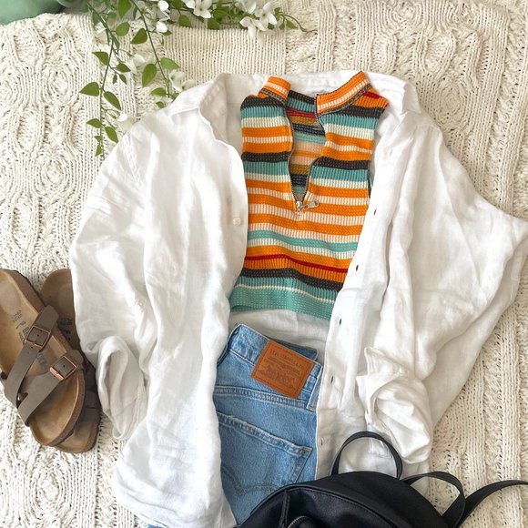 Urban Outfitters UO Cropped Knit Striped Half-Zip Tank Top - Picture 1 of 5